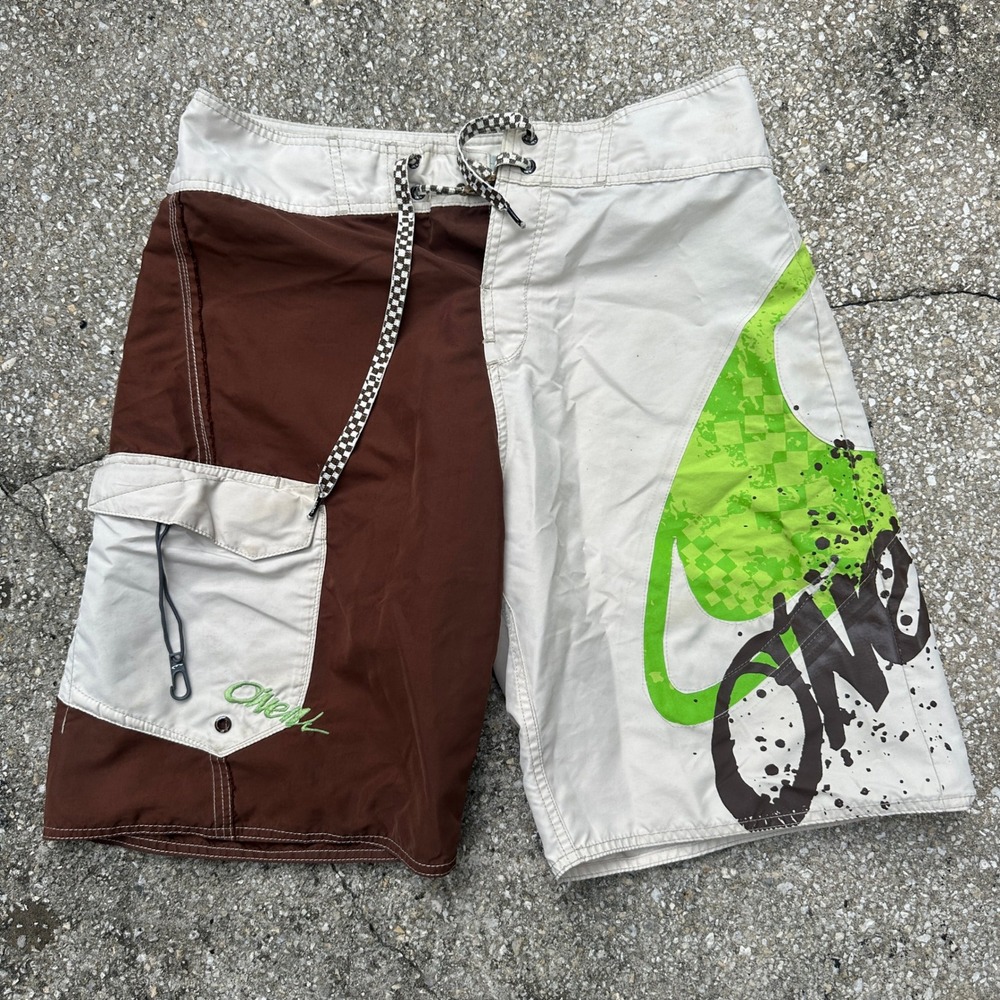 O'Neill Mens Board Shorts Size 32 Brown Green Colorblock Cargo Surf Trunks